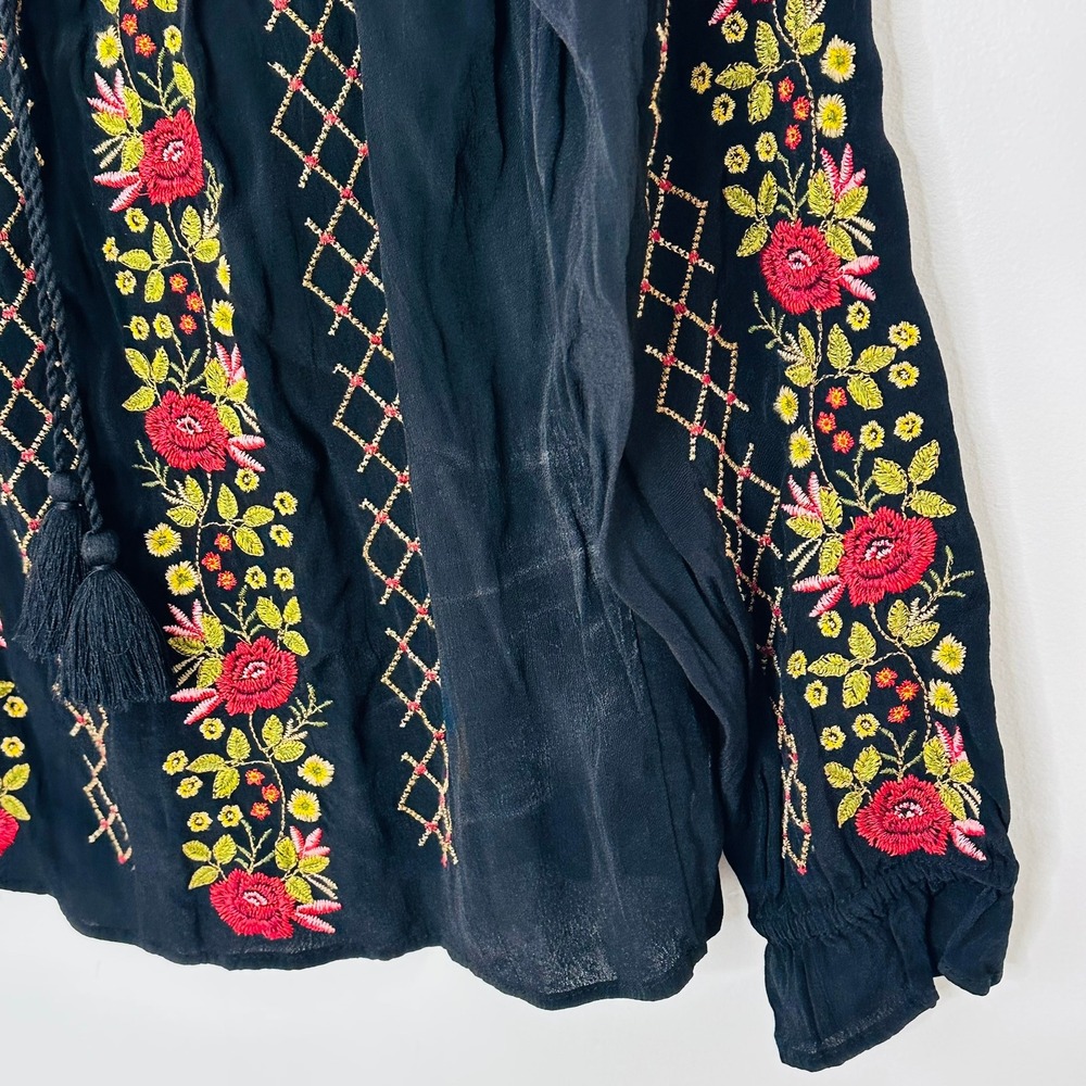 J Jill Black Embroidered Floral V Neck Tassel Long Sleeve Petite Blouse Top‎ S - Picture 3 of 10
